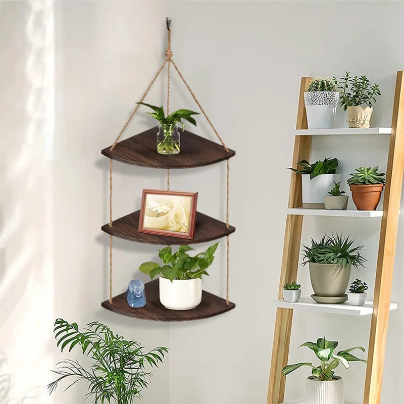 Fan Shaped Wall Shelf No Drill Rope Wood Wall Mounted Floating Shelves Rustic Home Decor Storage Rack for Living Room