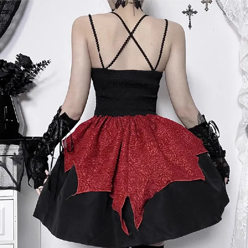 Reddachic Gothic Cross Mini-Jurk Vrouwen Bicolor Bloemen Getextureerde Veters Mouwloze Cami Jurk Middeleeuwse Retro Prinses Eendelig