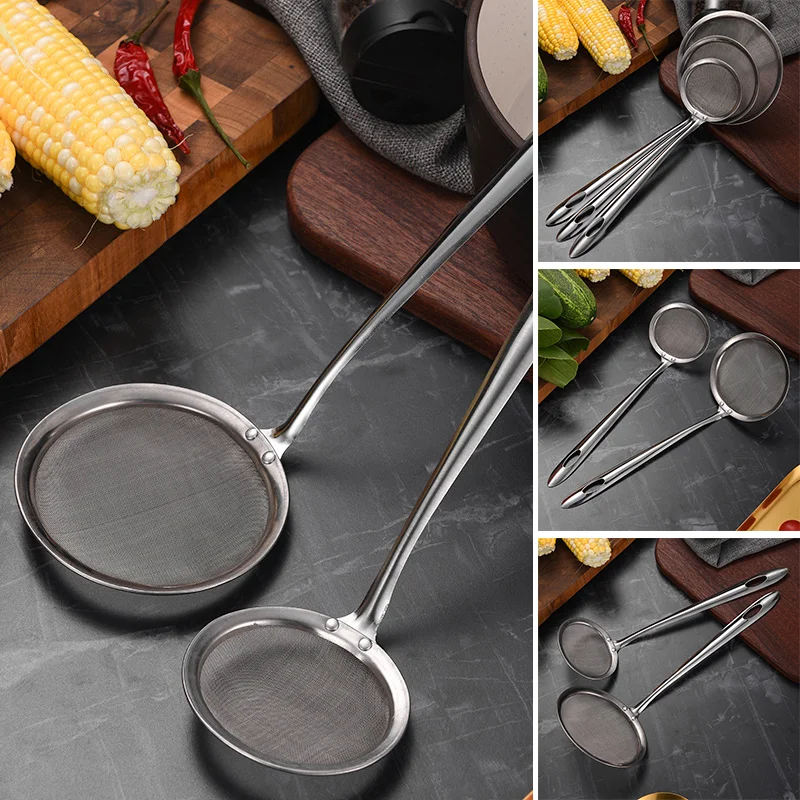 Kitchen Filter Spoon Hot Pot Filter Stainless Steel Fine Mesh Oil Pot Strainer Ladle Skimmer Oval Fine Mesh Kitchen Accessories