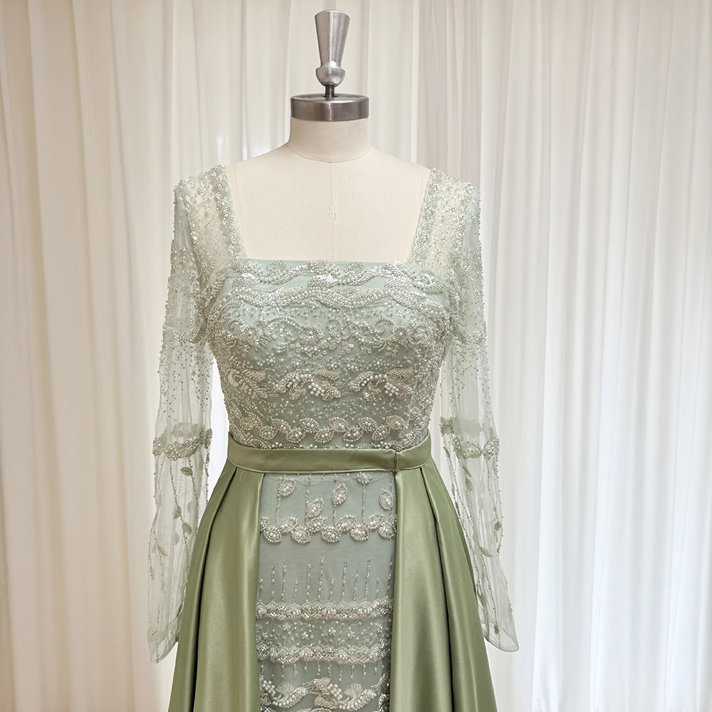 Elegant Pearls Evening Dress for Women with Detachable Skirt 2025 Luxury Long Sleeves Formal Prom Wedding Party Gown Customized