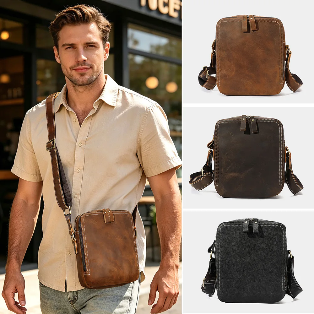 Men's Crazy Horse Leather Sling Bag Genuine Cowhide Small Shoulder Pack Vintage Handmade Crossbody Daypack