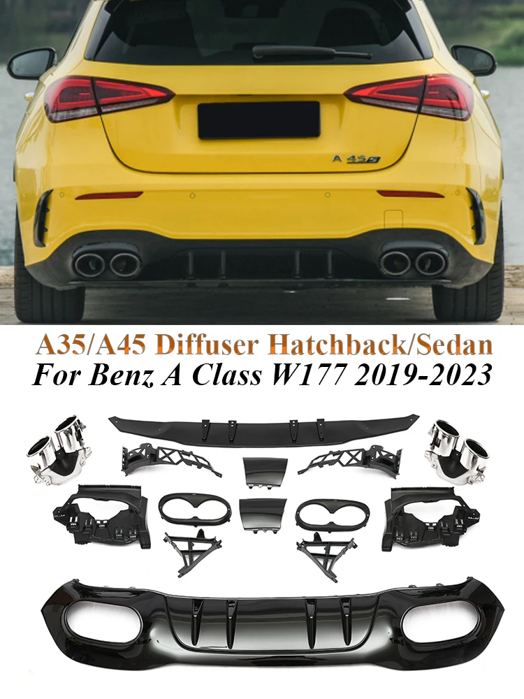 

For Mecerdes For Benz A Class W177 A45 A35 Style AMG Look Rear Diffuser With Exhaust Pipe Tips Hatchback Saloon Rear Bumper