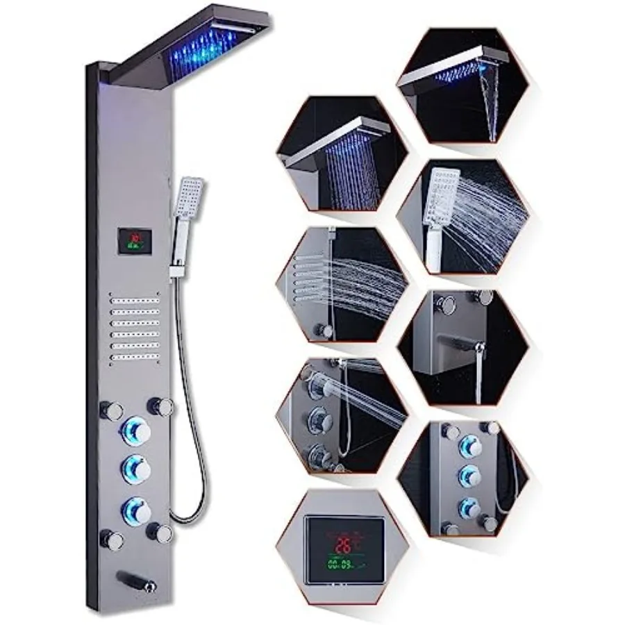 

Светодиодная душевая система «Тропический ливень» с массажными форсунками и гидромассажем, из нержавеющей стали, для ванной комнаты, с функцией «Браш»