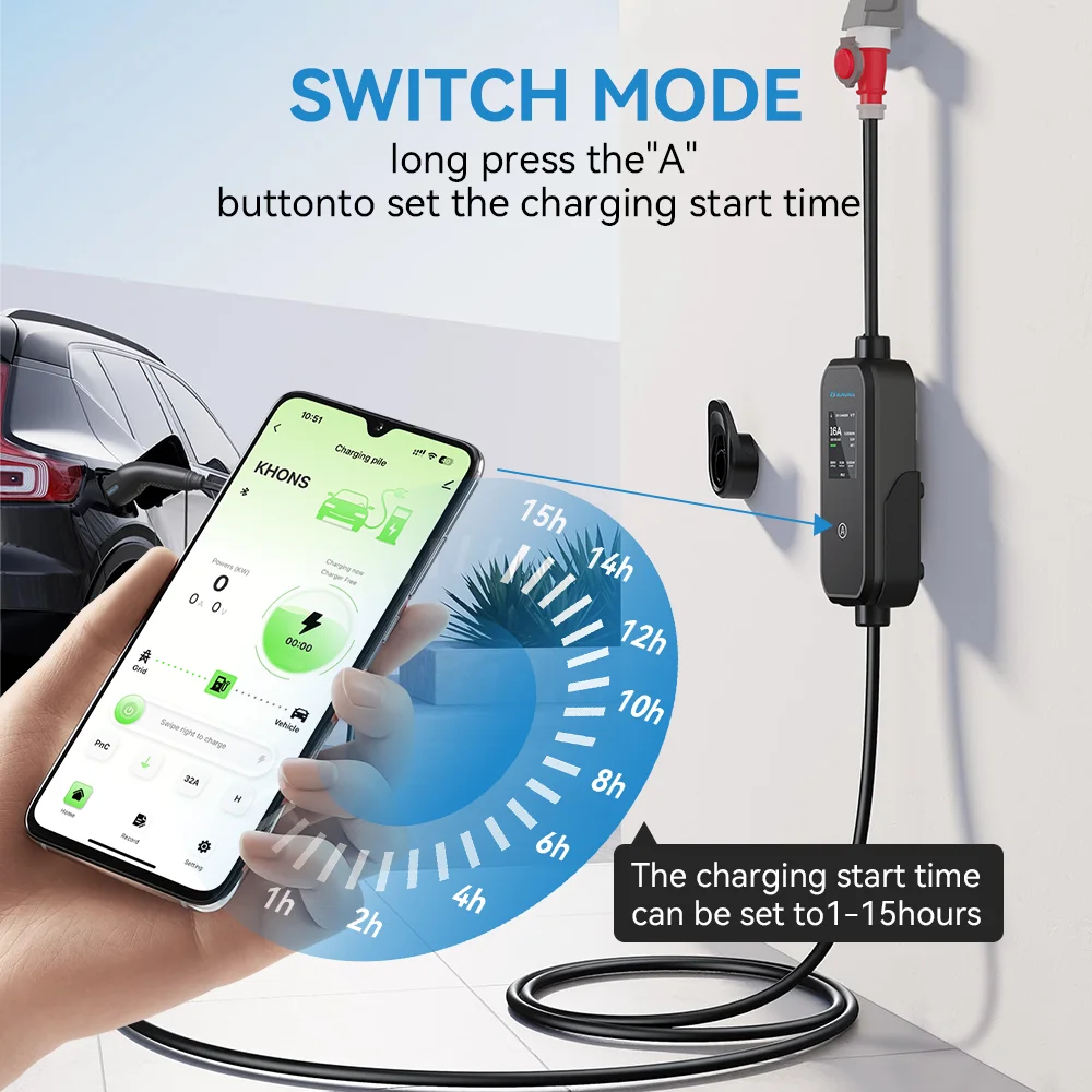 Khons 11KW 16A 3-Phase GB/T EV Charger Portable EVSE Charging Box with APP Control 5m TPU Cable For Electric Cars