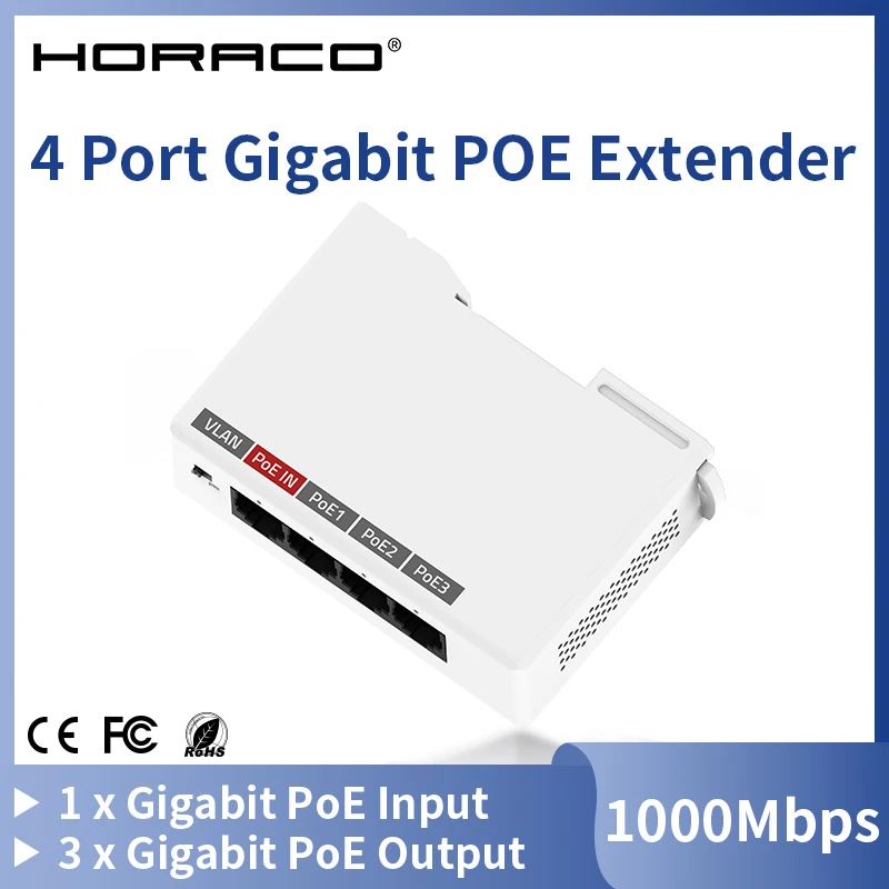 HORACO 4 Port Gigabit POE Extender 1000M Network Switch Repeater DIN RaiI EEE802.3af/at Plug&Play for NVR IP Camera AP