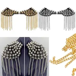 New Fashion 1 Pair Chain Tassel Rivet Shoulder Pad Brooch Punk Tassel Metal Epaulet For Women Men