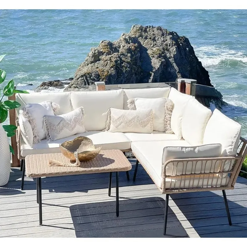 Patio Furniture Set, Outdoor Rattan Woven Conversation Sectional L-Shaped Sofa for Backyard, Boho Detachable Lounger