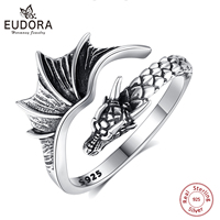 Eudora 925 Sterling Silver Dragon Adjustable Ring for Men Women Vintage Viking Dragon Open Ring Personality Jewelry Fine Gift