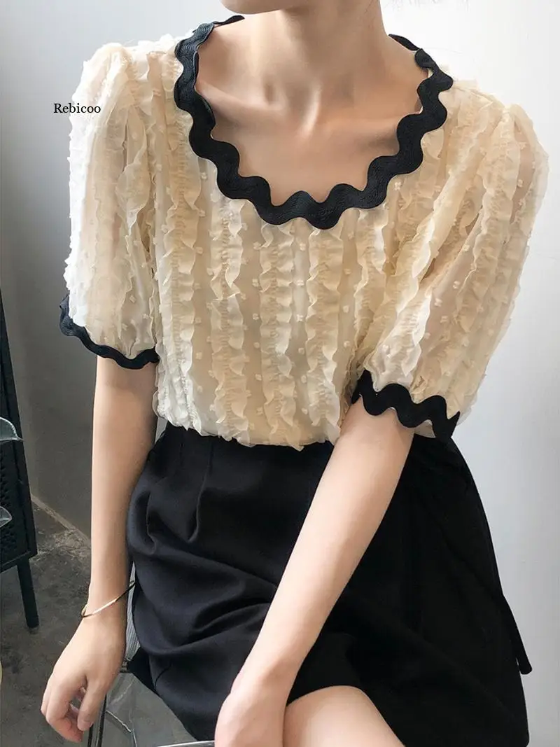 

Sweet Lace Chiffon Blouse Women Wave O-neck Short Sleeve Pullover Shirts 2022 Summer New Korean Chic Contrast Color