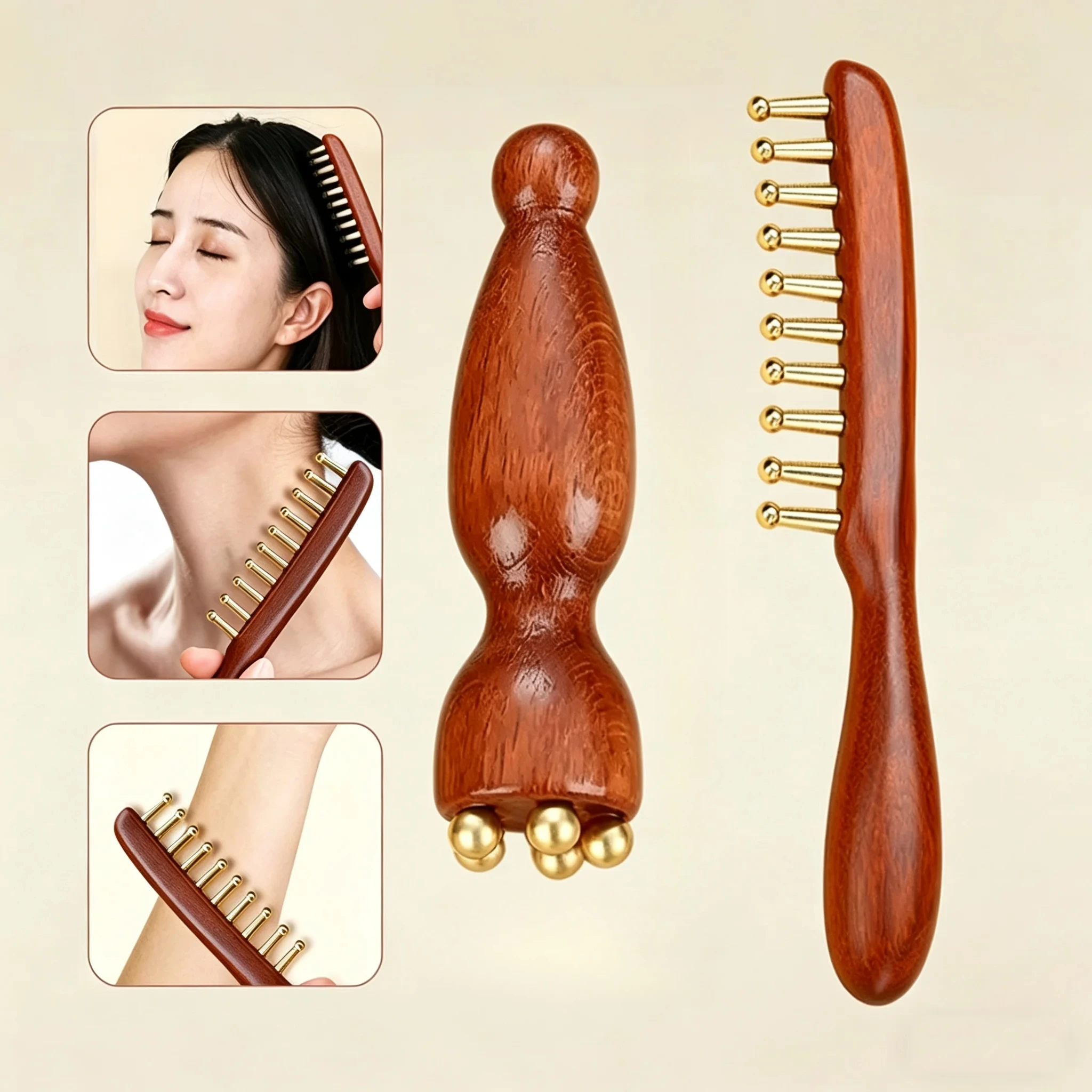 10-Teeth Copper Wood Head Meridian Comb&Brass Lotus Eye Massage Stick,For Scalp&Body Guasha,Long Hair Head Therapy Meridian Comb