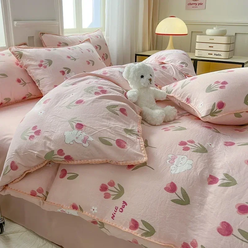 Conjunto de cama tulipa roxa para meninos e meninas, folha plana, fronha, capa de edredão, roupa de cama dupla, sem enchimento, moda, 28 cores