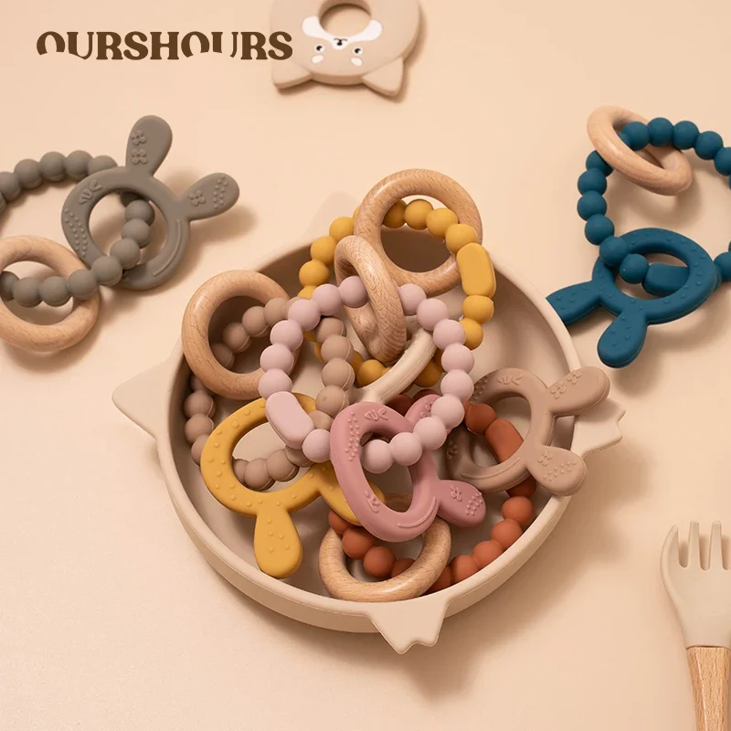 

3 in 1 Baby Silicone Wooden Teether Toys BPA Free Infant Rabbit Shaped Rattle Ring Toddler for Newborn Sensory Teething Toys