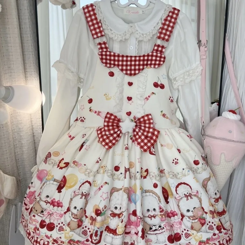 Japán nyelv kawaii Lolita jsk ruhát Nők aranyos Gúnyrajz Behord nyomtatás Meghajlás csipkével ruffles szíj ruhát lányok Andalító Tea Avatás Mali dresses