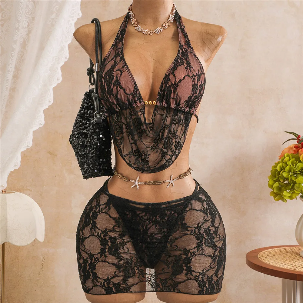 Sexy Black Lace Swimwear Halter String Bikinis Sets 3 Pieces Mesh Cover Ups Micro Thong Swimsuit Women 2026 Holiday Beach Wear