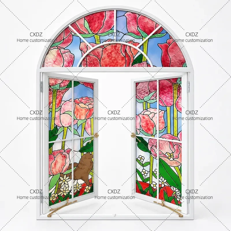Arched Lattice Window with Vintage Glass Sound Insulation Privacy Protection Plastic Steel Frame for Home