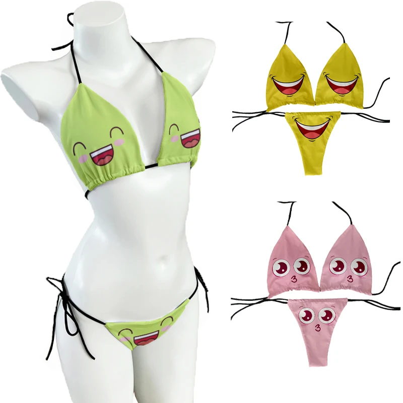 Funny cartoon face bikini set sweet and funny women\'s bra swimsuit set beach party fashion bikini set bikini