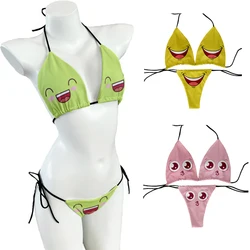 Funny cartoon face bikini set sweet and funny women's bra swimsuit set beach party fashion bikini set bikini