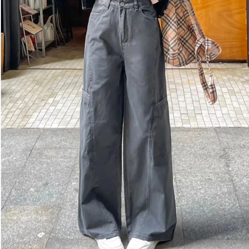 جينز نسائي Y2k جينز أمريكي ريترو رمادي البضائع السراويل عالية الخصر فضفاضة واسعة الساق الاغراء تنوعا مستقيم الساق بنطلون