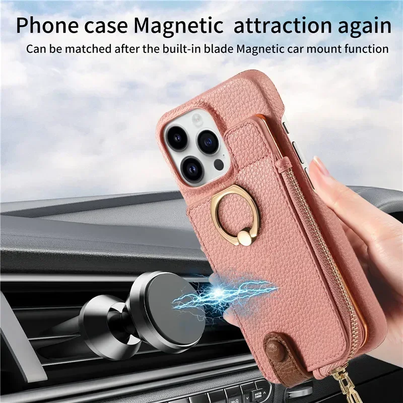 Leather Zipper Wallet with Card Holder Phone Case for IPhone 13 12 Mini 15 14 11 Pro Max XS XR X 7 8 Plus Ring Kickstand Cover