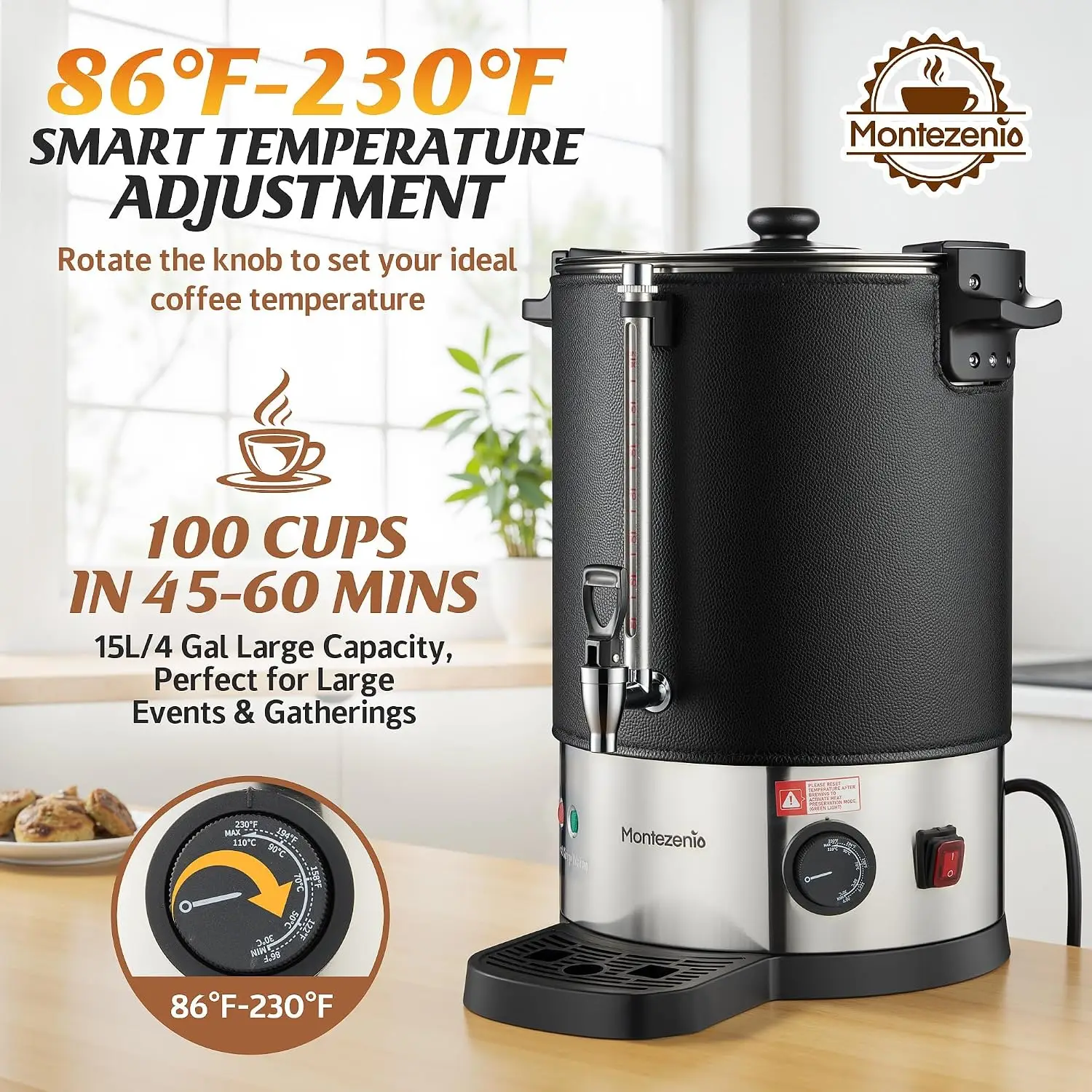 100 Cup Commercial Coffee Urn with Temp Control, Extra Large Coffee Maker | 1500W Double Insulated 304 Stainless Steel Coffee Di