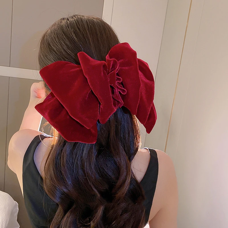 Velvet Big Bow Hair Clip Red Black Party Festival Hair Barrette Hairpins For Women Elegant Ponytail Headwear Accessories