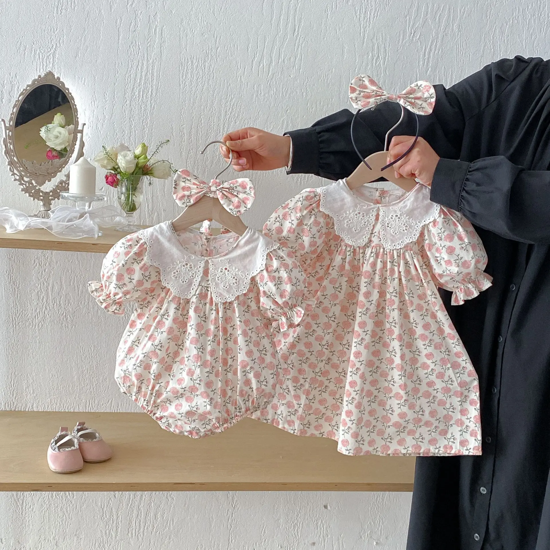 2026-summer-baby-toddler-matching-outfits-floral-print-puff-sleeve-lace-trim-bodysuit-dress-for-little-big-sisters