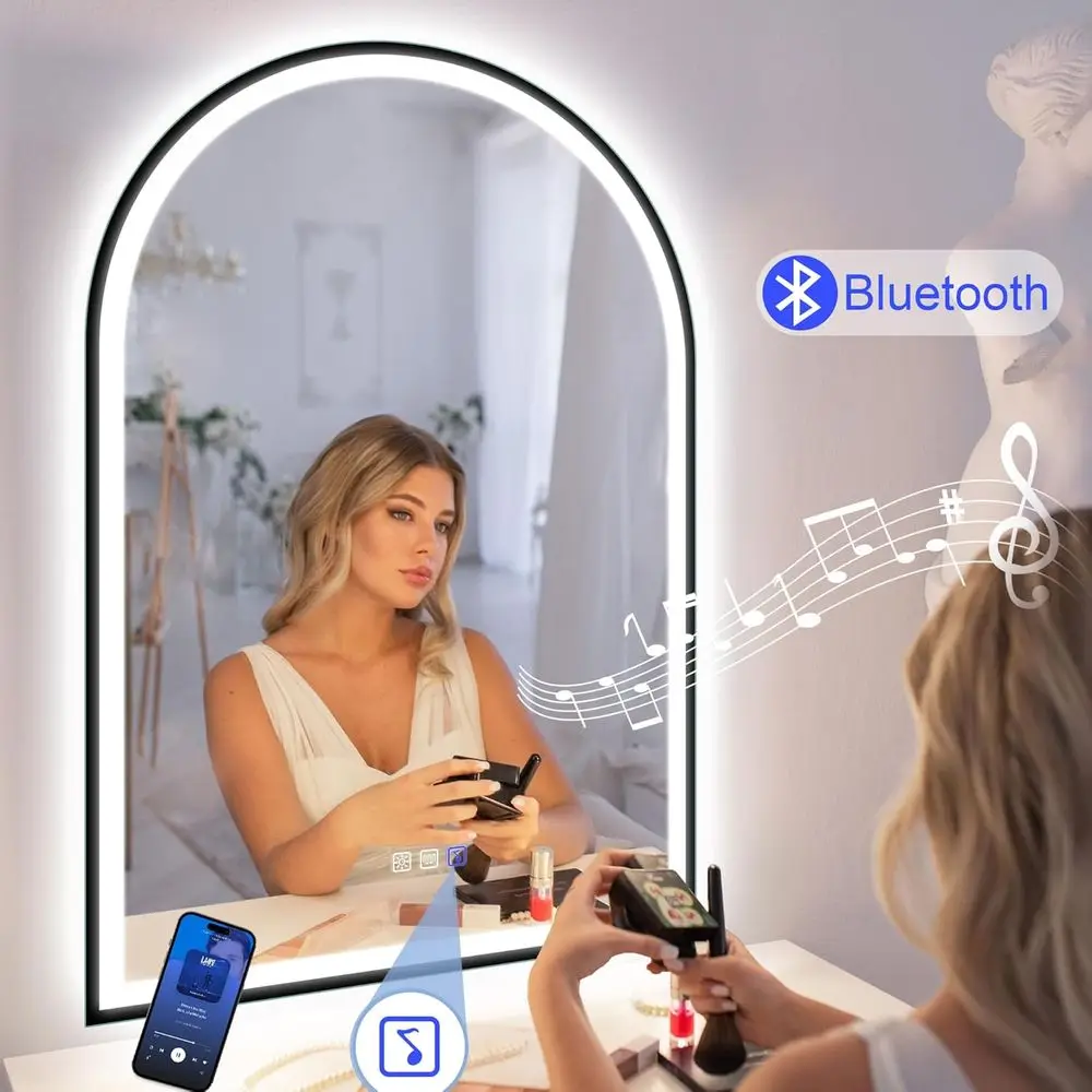 مرآة حمام مثبتة على الحائط LED مقاس 24 × 36 بوصة مع بلوتوث، مضادة للضباب، تعتيم 3 درجات الحرارة، زجاج مقسى مقاوم للماء، أسود Fr #3