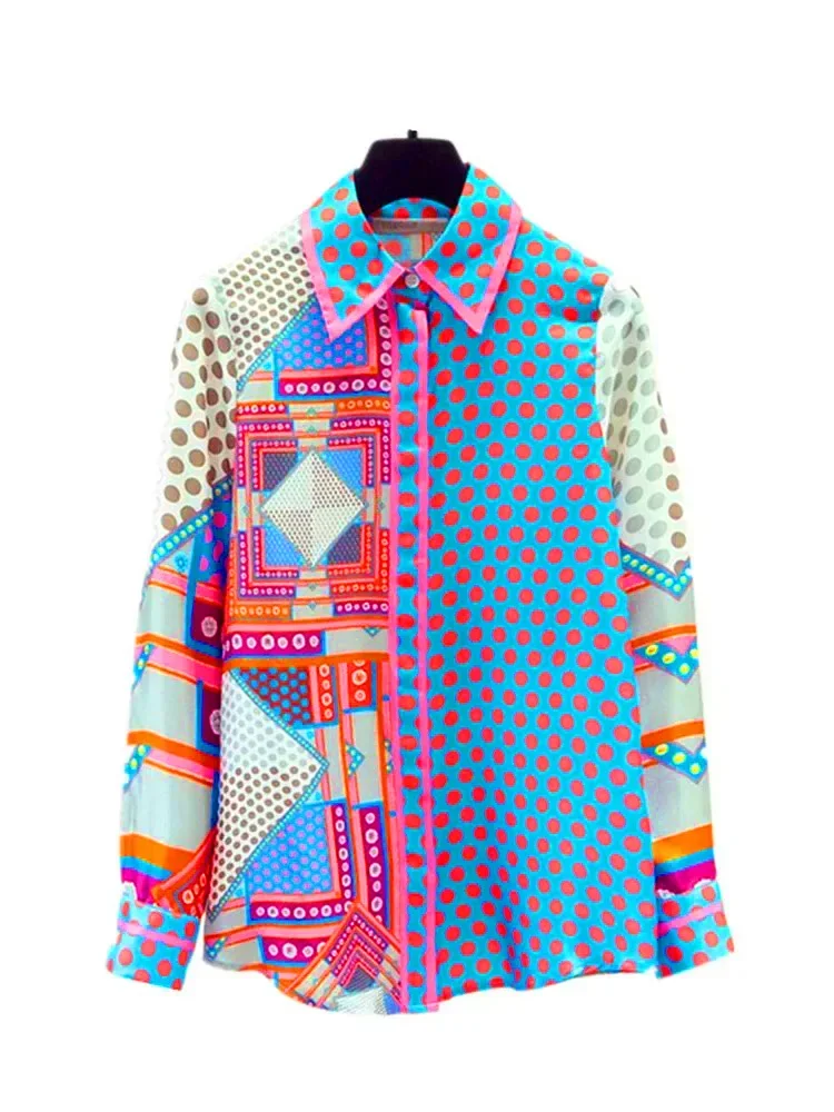 Spring Autumn New Blouse Patchwork Simulation Silk Women\'s Shirt Female Top Korean Niche Polka Dot Long-Sleeved Shirt GX1438