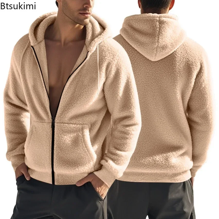 Autumn Winter Men's Thicker Two-sided Fleece Jacket Soft Fluffy Zipper Hooded Coat Loose Casual Cardigan Tops Men Warm Outerwear