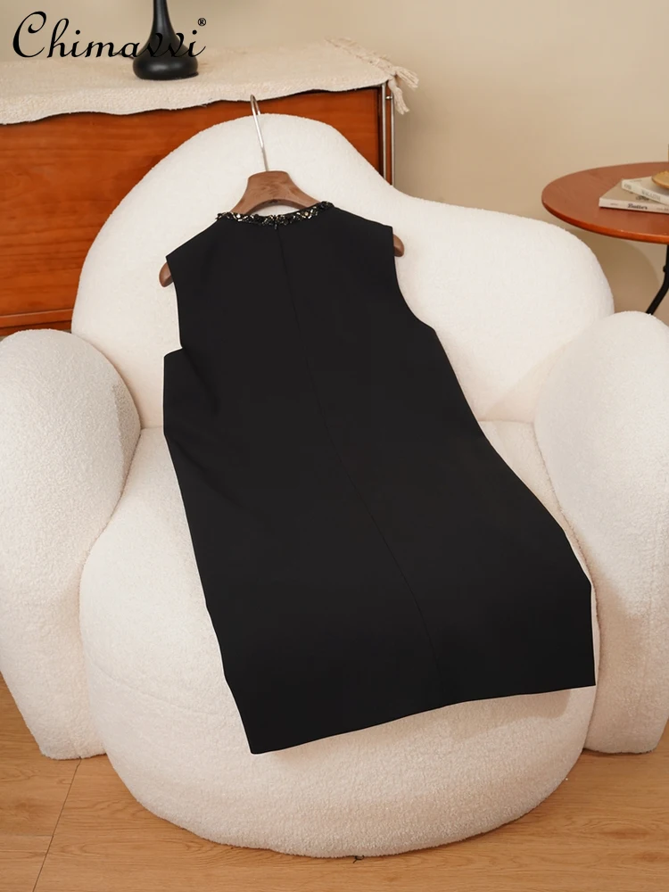 Vestido de viajero negro elegante con cuello en V Retro francés, ropa de otoño 2025, nueva moda, vestido corto sin mangas para fiesta para mujer