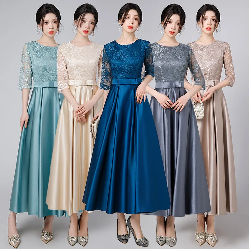 A Line Satin Lace Sash 3/4 Sleeve Elegant Off Shoulder Bridesmaid Dresses Wedding Party Evening Formal Prom Ankle Length Zipper