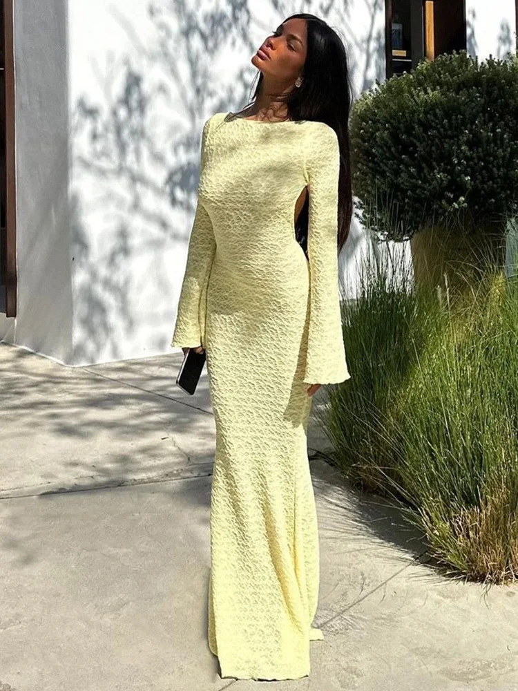 

Elegant Full Sleeves O Neck Backless High Waist Long Robes Women's Yellow Lace Up Slim Fit Maxi Dresses Summer Beach Party Gowns