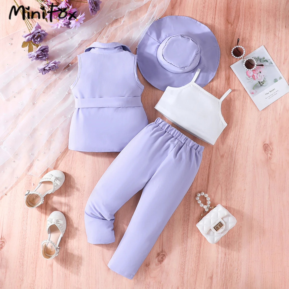 MiniFox 5PCS Kids Clothes Girls Blazer Outfit Sets Sleeveless Belt Blazer and Button Trousers+Vest+Hat Summer Suit Set For Girls