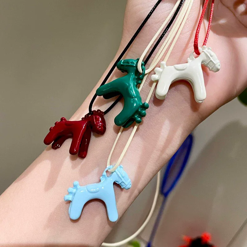 Colorful Horse Pendant Long Necklace for Women Simple Adjustable Sweater Chain Jewelry Gifts Fashion Accessory