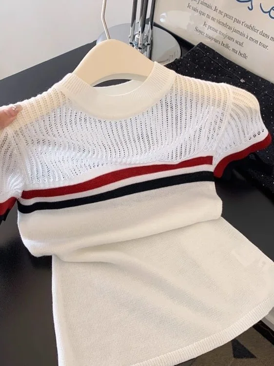 

White Striped Knitted Short Sleeve T-Shirt Women's Slim Fit Casual Style Polyester Fiber round Neck Summer New Sweet And Spic...