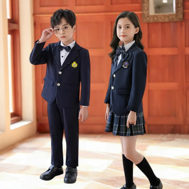 Toddler Student Clothes Sets Kids British Class Outfits Girls Jacket Plaid Skirt Suits Children Formal Dress Boys School Uniform