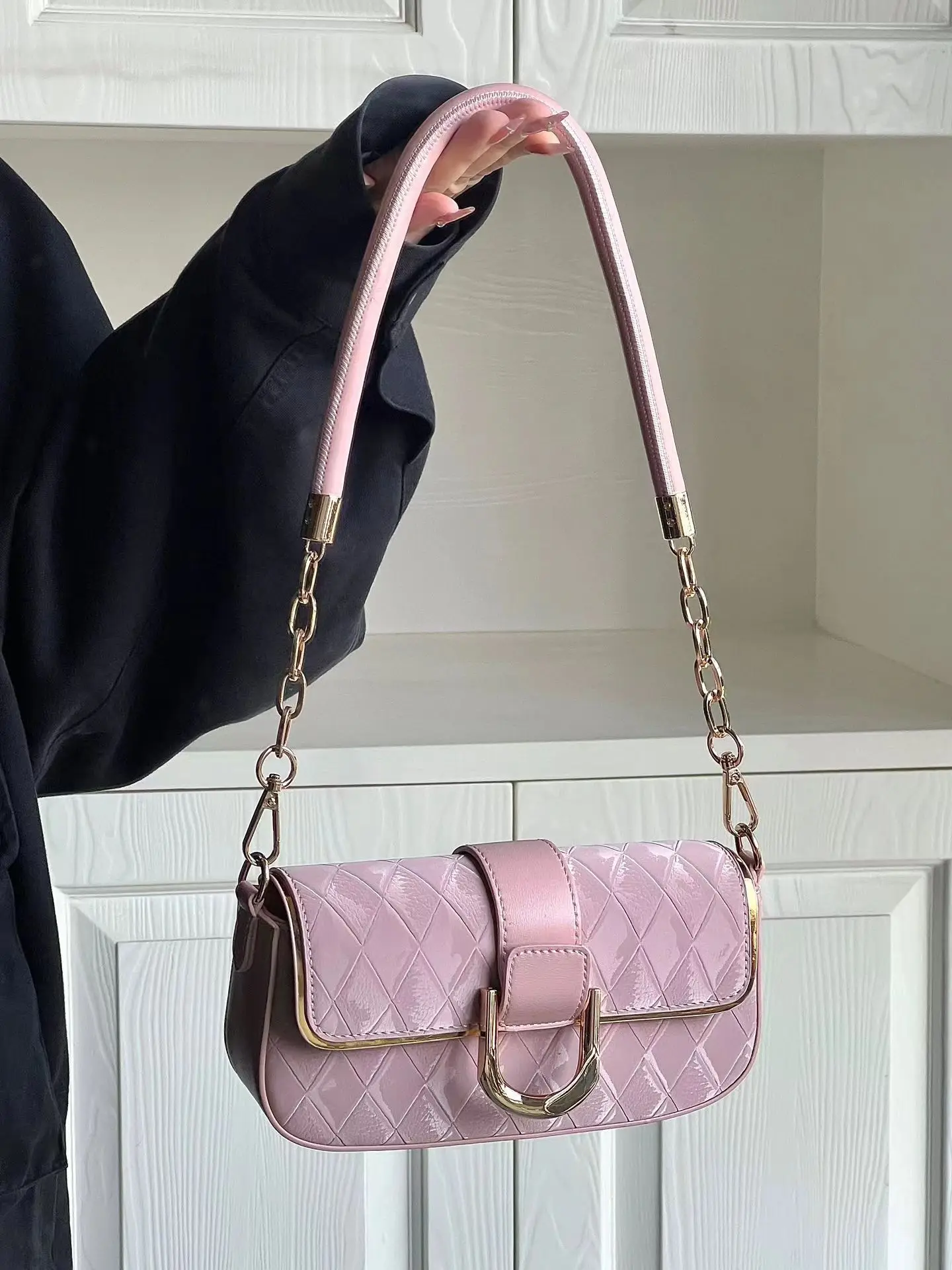 Fashion Pink Underarm Bag For Women Simple Elegant Small Square Bag Female New Versatile PU Chain One Shoulder Crossbody Bag