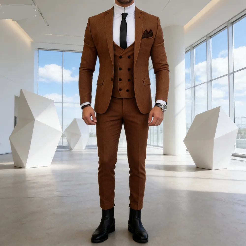

Мужской модный коричневый приталенный костюм из трех предметов с пиджаком, жилетом и брюками - повседневный смокинг для свадьбы, выпускного вечера, деловой костюм для жениха
