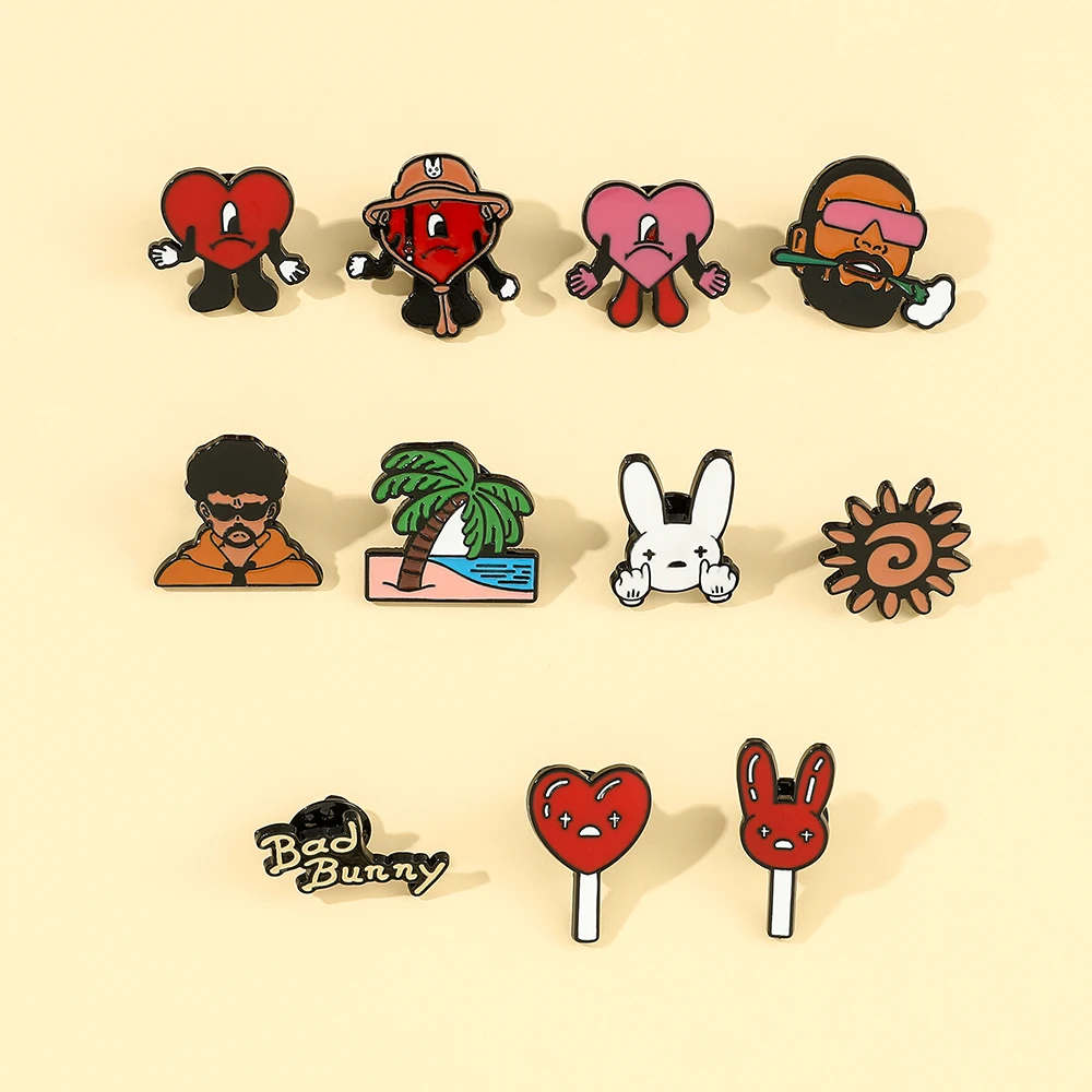 Rapper Bad Bunny Metal Enamel Brooch Bad Rabbit Red Heart Lapel Pins for Backpack Denim Jacket Badges Accessories Jewelry