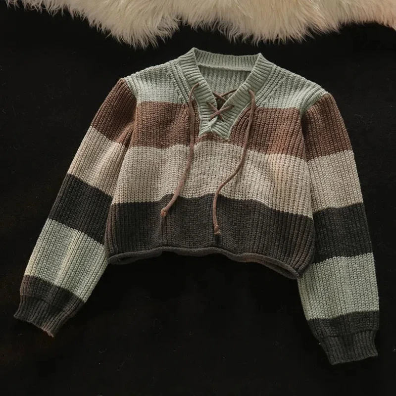 Korean Style Fashionable Suit with Lace Up Stripes Short Knit Sweater Women's Wide Leg Straight Leg Jeans Two-piece Set