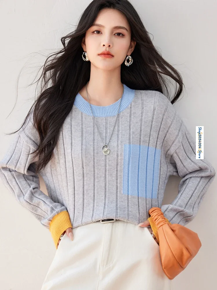 

Women Sweater Long Sleeve O-neck Contrast Color Stripe Loose Gray Knitted Pullovers Tops Autumn Winter Casual Jumpers Lady B3361