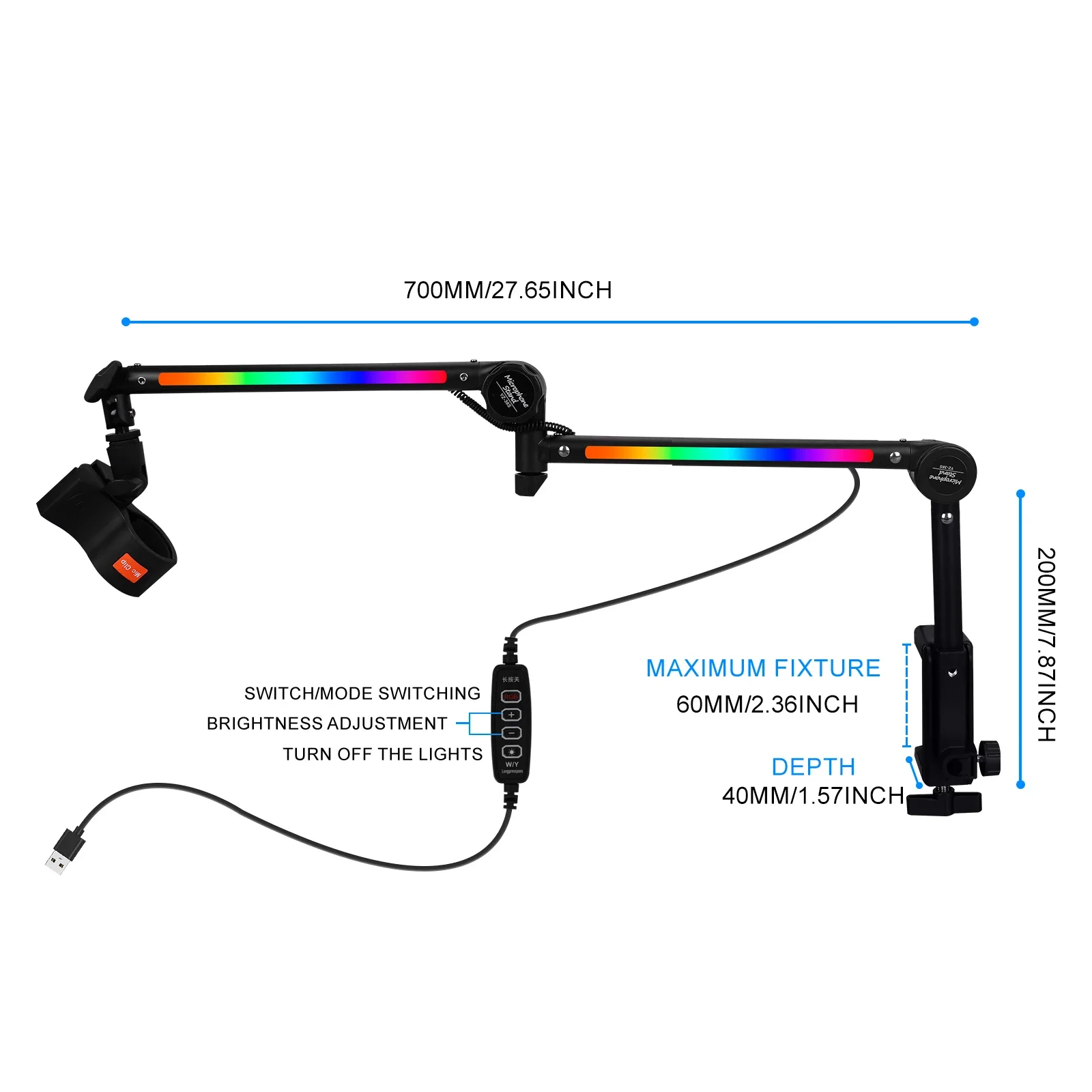 Desktop Arm Holder for Microphone Stand Computer Mic Stand with RGB Lighting Cantilever Bracket for Live Singing Condenser Mic