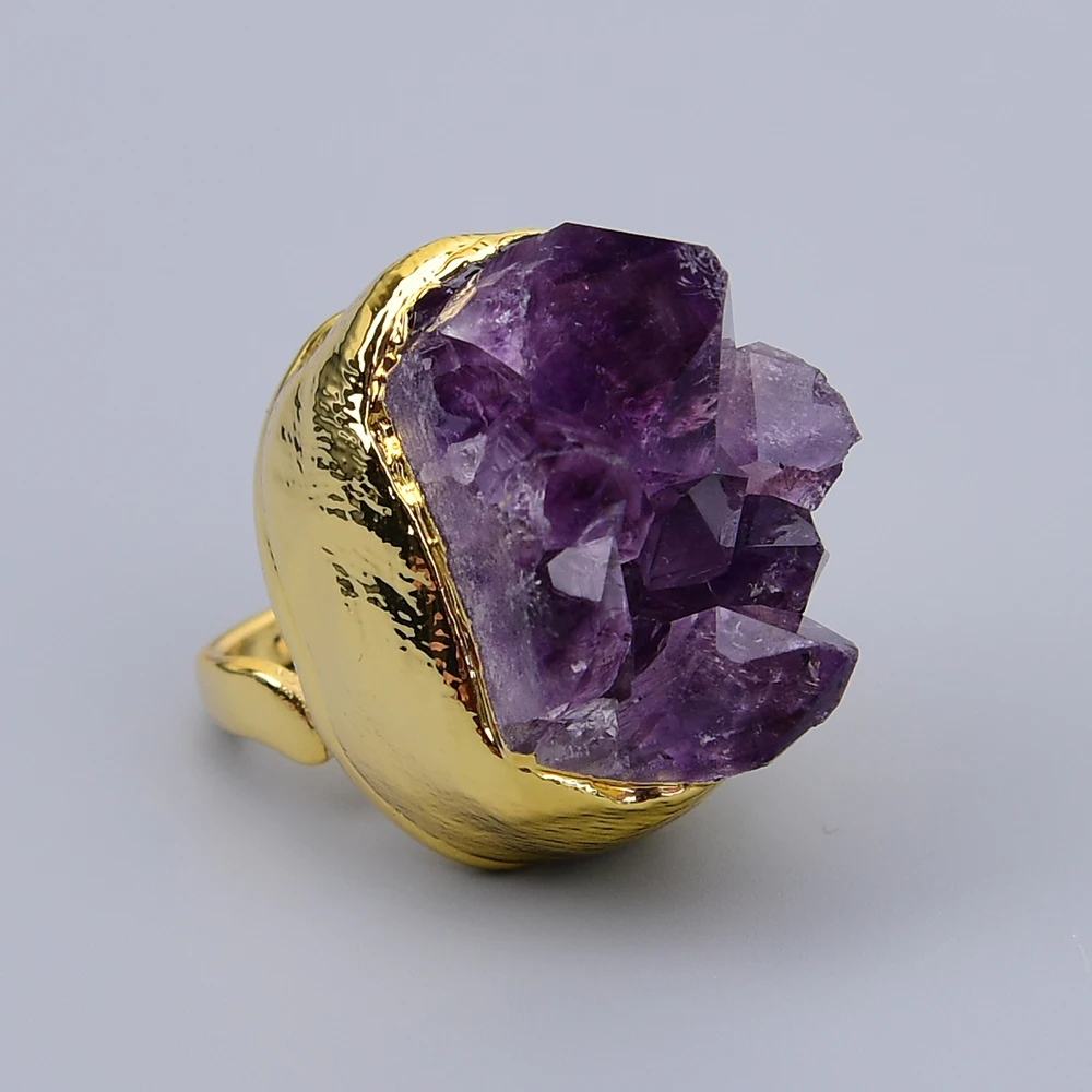 G-G Natural Purple Uruguayan Amethyst Rough Raw Gold Edged Rings Adjustable For Women