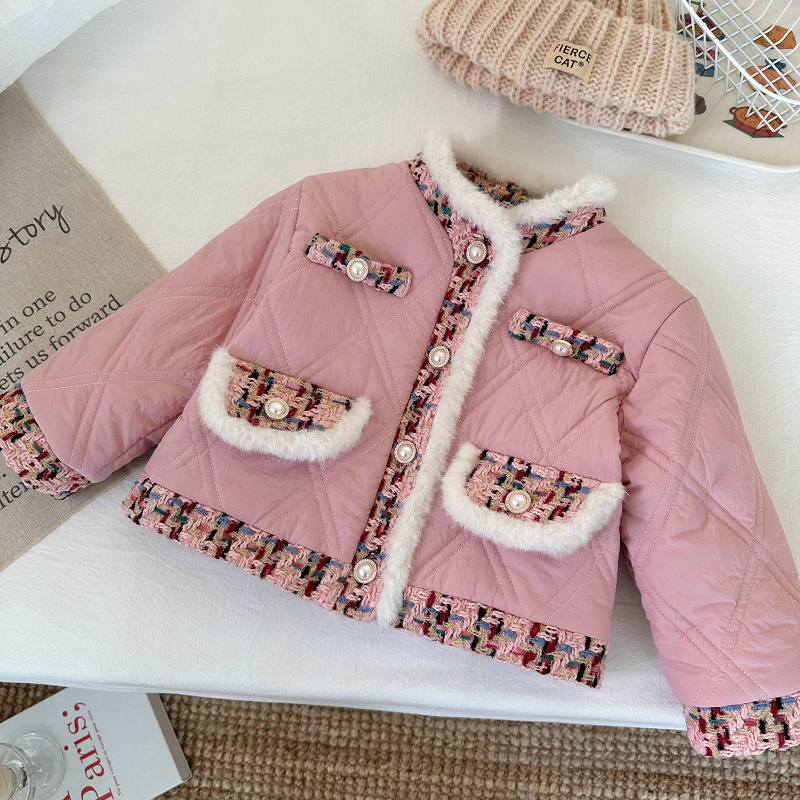 

2025 Winter New Korean Girl's Pink Little Fragrant Coat Baby Cute Foreign Style Splicing Fleece Coat Winter Coat 2-8yrs