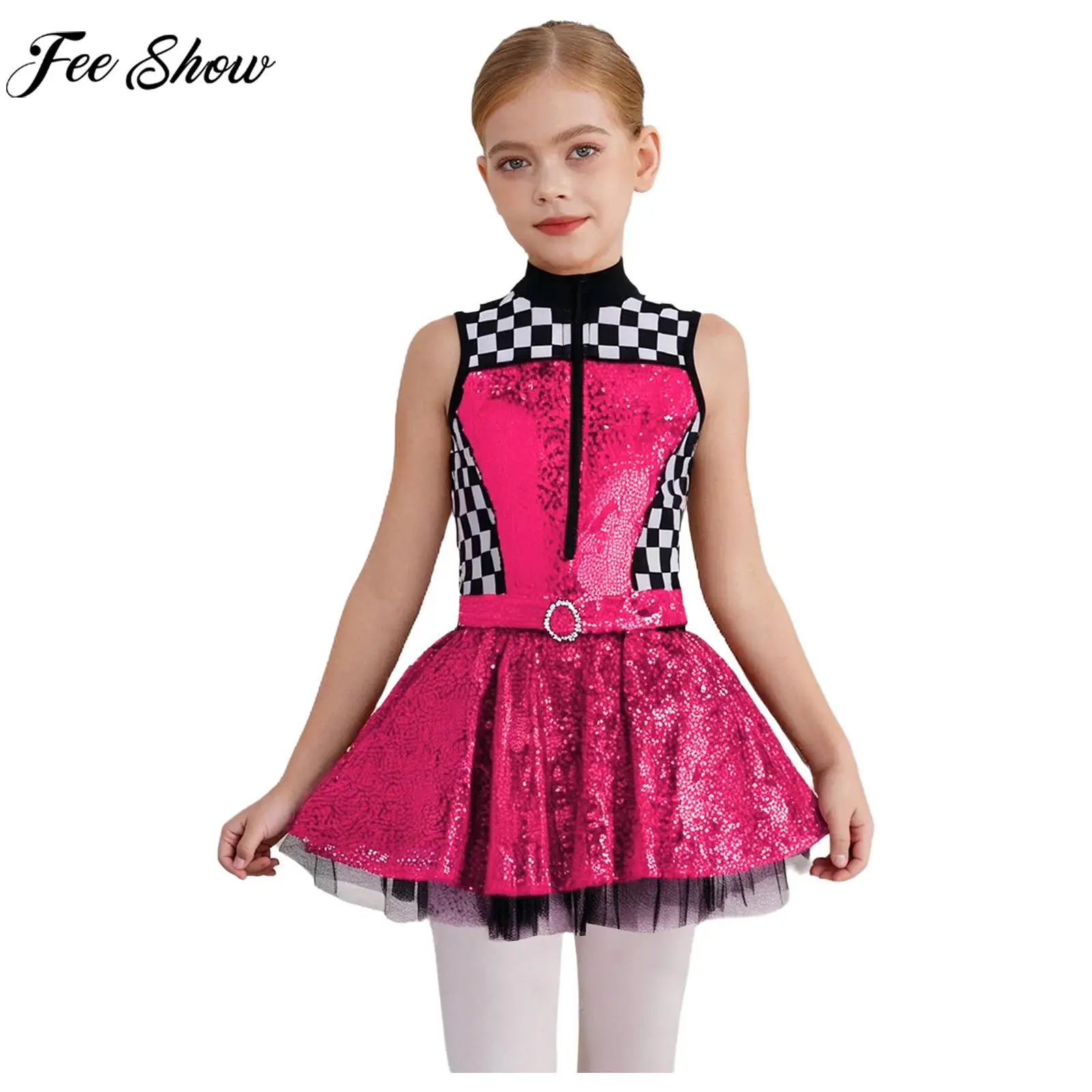 

Костюм гонщика для девочек, карнавальный костюм без рукавов с блестящими пайетками и стразами, сетчатое платье, трико-пачка для Хэллоуина, карнавала