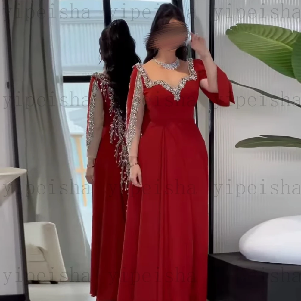 فساتين سهرة رائعة مخصصة على شكل قلب بأكمام طويلة من حجر الراين مطرزة بالخرز فستان حفلات طويل على شكل حرف a