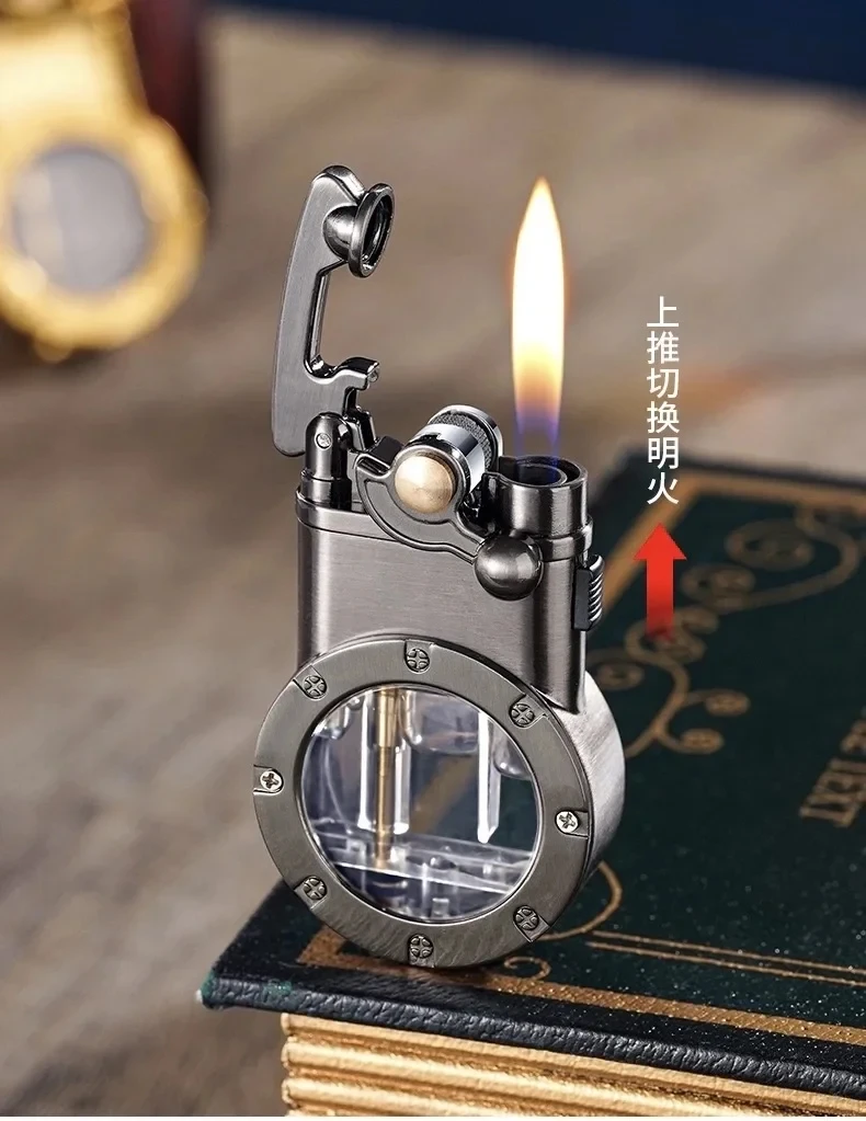 Metall-Doppelbrenner-Feuerzeug mit Schwingarm, winddicht, transparentem Luftfenster, Butan-aufblasbar, Doppelbrenner-Konvertierungsfeuerzeug, Geschenk für Männer – Detail 6