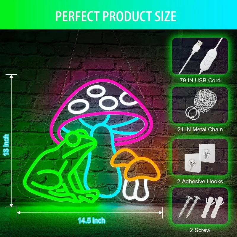 Mushroom Frog Neon Sign USB Powered Dimmable LED Cute Neon Signs for Wall Décor Kids Room, Perfect Gifts for Birthday Christmas