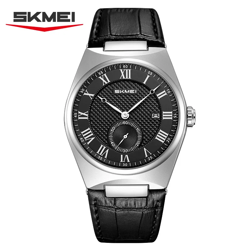 SKMEI 9390 Watches for Man Reloj Hombre Elegant Men's Quartz Roman Scale Calendar Waterproof Leather Strap Casual Business Watch