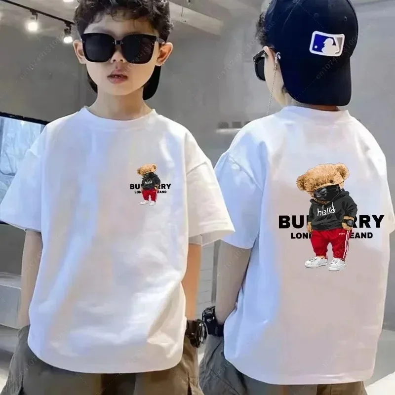 Summer Kids Brand Luxury Bear T-shirt Black White Print Girl Tshirt Children Short Sleeve T Shirt Boy Fashion Cotton Tee Clothes